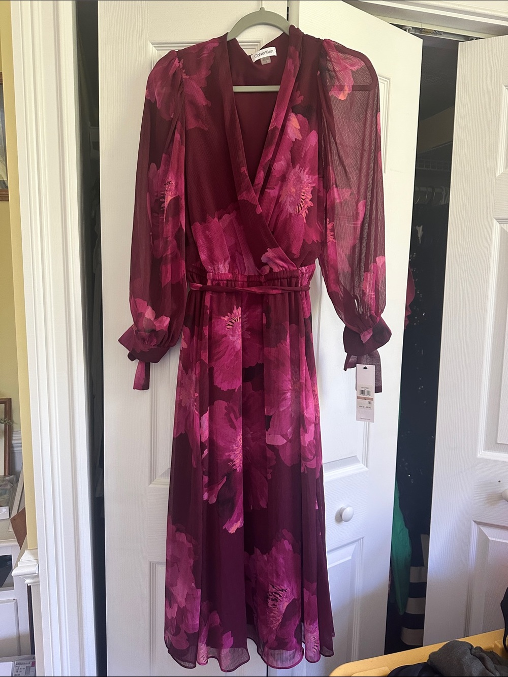 Calvin Klein Berry Floral Long-Sleeve Wrap Midi Dress